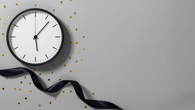 Contagem regressiva para o ano novo com rel&oacute;gio decorado e elementos festivos