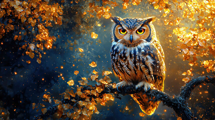 Golden-eyed owl perched on branch surrounded by glowing amber leaves