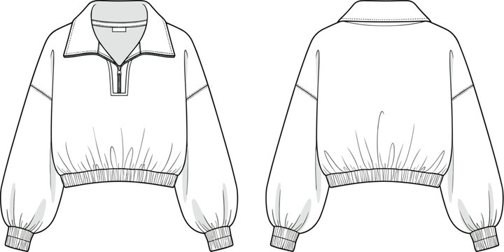 Fashion flat sketch of a womens cropped quarterzip sweatshirt with long balloon sleeves and elasticated cuffs and hem, shown from front and back views, 