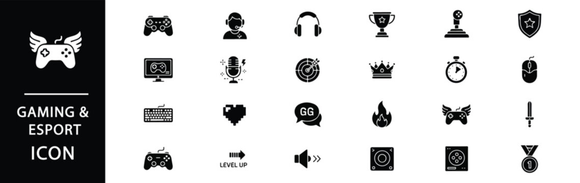 Elevate your gaming content with these sleek icons showing controllers, headsets, trophies and more for professional designs and dynamic projects