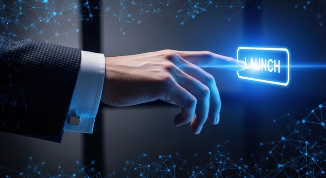 Man presses launch button with futuristic technology interface concept for startup or new business beginning