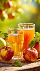 Fresh apple juice in glasses with ripe apples on rustic wooden table, capturing the essence of autumn harvest and natural refreshment