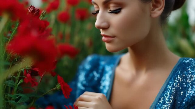 Young caucasian female in blue sequin dress admiring red flowers in garden