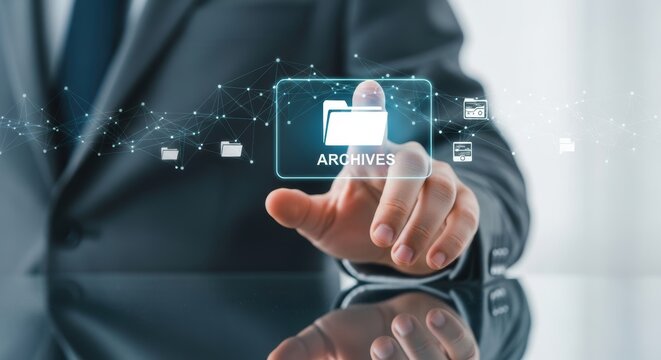 Digital archive management with touch interface for secure document storage and efficient business workflow innovation