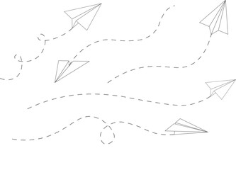 Paper airplane outline set with flying planes in various angles and directions