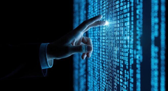 Hand interacts with glowing blue digital code matrix representing abstract data information and futuristic technology