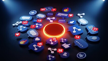 Social Media Icons and Notifications Exploding Around a Glowing Red Circle. - Powered by Adobe