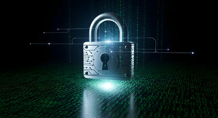 Cyber security concept showing a padlock with digital binary code background