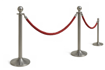 Stanchion queue barrier with red rope creating an exclusive vip event access boundary on transparent background
