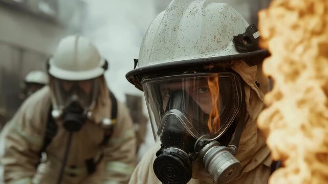 Brave responder: helmet glare, fire scene, quick decision, rescue climb, gear strength, bold motion, danger presence, team alert, rapid entry, lifesaving focus