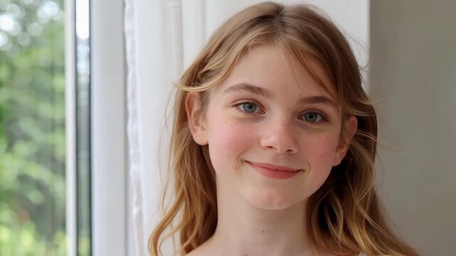 Young girl smiling by window with natural light indoors  