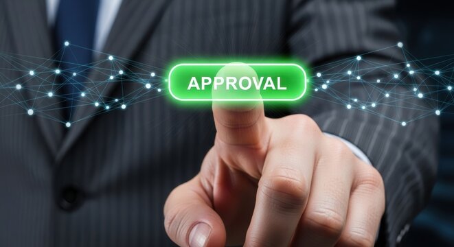 Businessman presses approval button illustrating digital transformation and business technologies - Powered by Adobe