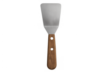 Metal spatula with wooden handle for cooking burgers and scraping griddle, kitchen tool on transparent background