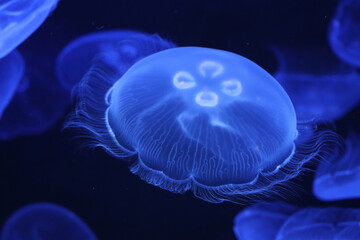 Leuchtend blaue Ohrenqualle unter Wasser--Ohrenqualle (Aurelia aurita) im Wasser, beleuchtet in...