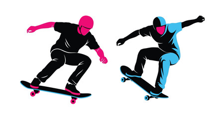 Obraz premium Dynamic skateboarding silhouettes of two athletes in vibrant pink and blue hues