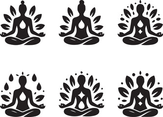 Six black silhouette yoga meditation figures with leaves and abstract shapes person