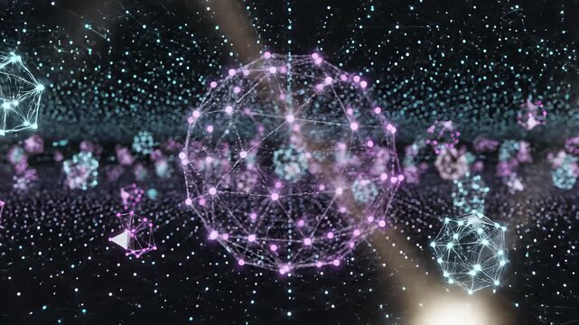 Molecules of Cosmic Exploration in Abstract Patterned Sphere with Purple and Blue Lights Illuminating the Background, Perfectly Suited for 4K UHD Footage Used as Animation Loop or Background.