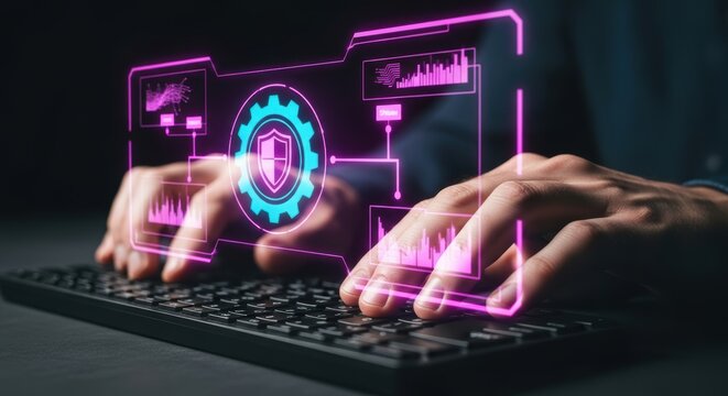 Cybersecurity expert types on keyboard accessing a protective digital shield and monitoring data flow to prevent cyberattacks and secure data