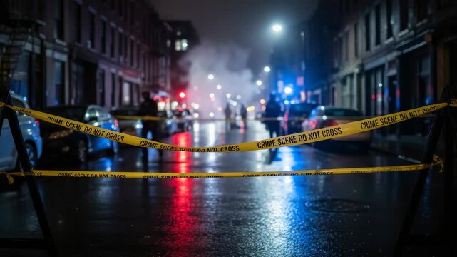 Yellow police caution tape cordoning off a wet city street at night as officers and forensic investigators work under flashing red and blue lights and sirens in a crime scene investigation