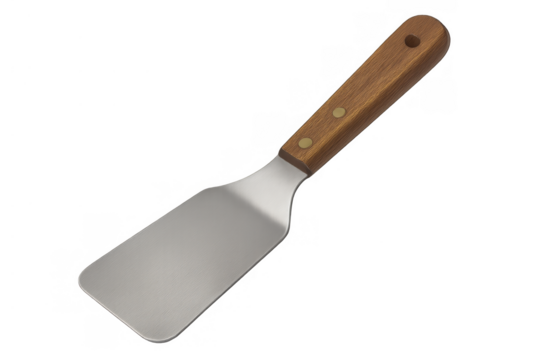 Kitchen spatula with metal blade and wooden handle for cooking and grilling, isolated with transparent background