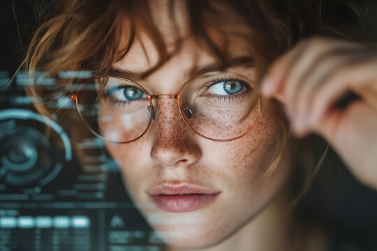 A young professional woman uses an artificial intelligence interface through a holographic screen in a modern smart office, warm colors, realistic lighting, realistic reflections.