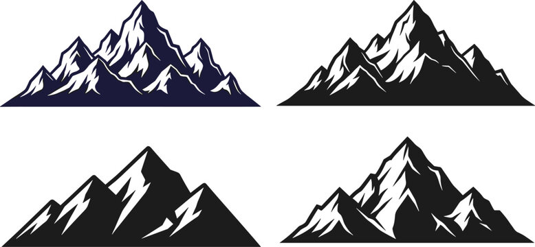 Set of four distinct mountain silhouette illustrations, , featuring various jagged peaks and slopes in dark tones for graphic design use