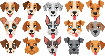 A collection of diverse dog faces, featuring various breeds and expressions, 