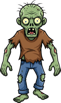 A cartoon zombie with green skin, ragged brown shirt and blue pants, and a shocked expression, standing on a
