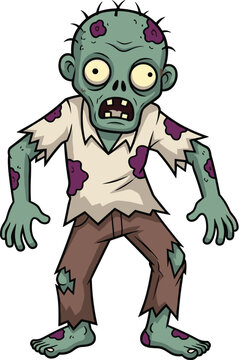 A cartoon zombie with green skin, ragged clothes, and a shocked expression, standing on a