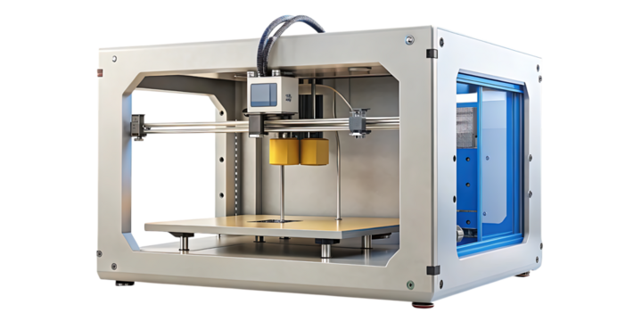 Modern 3d printer with a silver frame and blue accents, showcasing its intricate internal components and digital display, isolated on transparent background