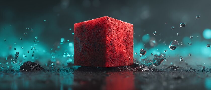 red cube standing in wet environment