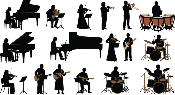 Collection of musical instrument silhouettes and musicians playing, including piano, violin, trumpet, guitar, and drums