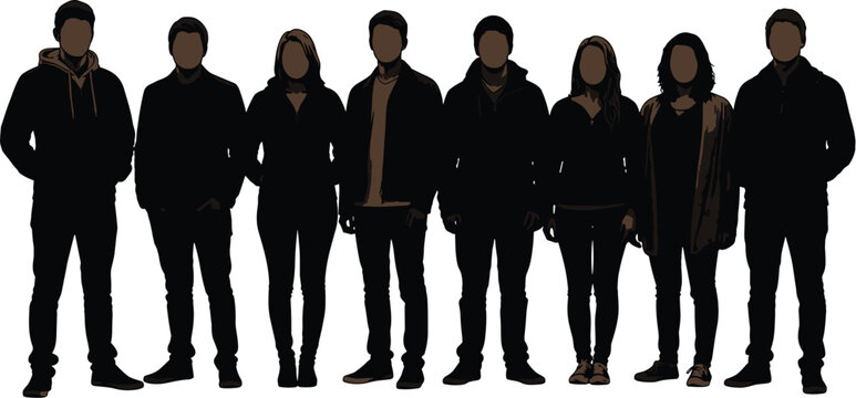 Group of diverse people standing together in silhouette, wearing casual winter clothing like jackets and hoodies