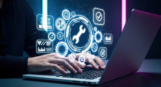 Person using laptop with glowing wrench and gear icons symbolizing digital support and software maintenance online