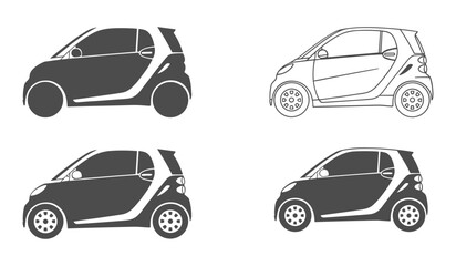 Four stylized smart cars in silhouette and outline on white background automobile vehicle