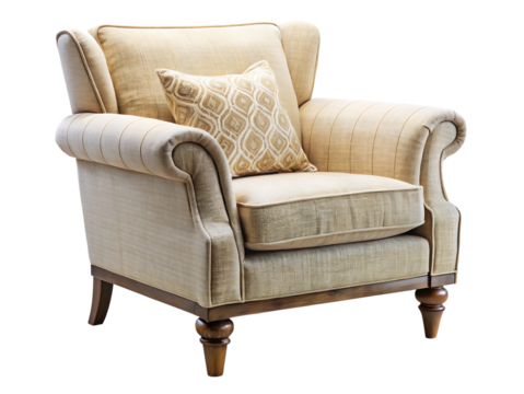 A comfortable and elegant upholstered armchair with a patterned cushion, isolated on a transparent background