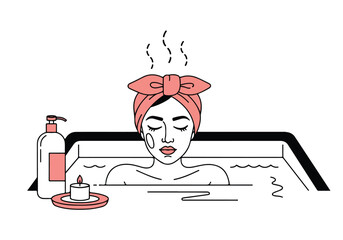 Relaxing woman in a bubble bath with a face mask, steam, candle, and lotion for self-care and wellness