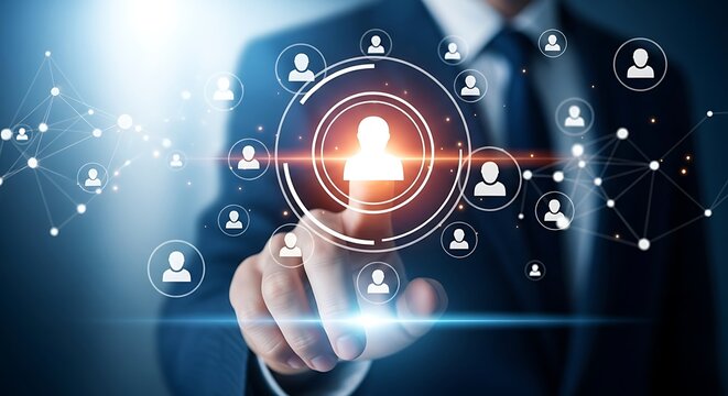 Businessman engaging virtual interface with human resource icons