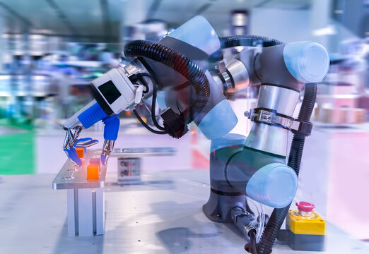 Artificial robotic hand at the presentation of robotics.Creation of artificial intelligence