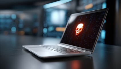 Laptop displays skull symbol and binary code representing cybersecurity threat and vulnerability concept