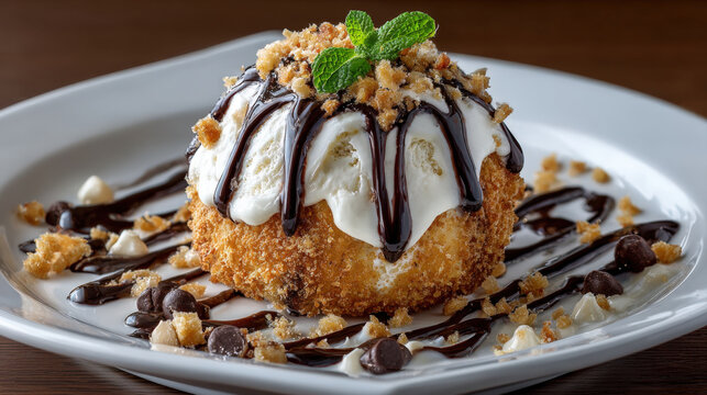 deep-fried ice cream ball with crispy golden crust, smothered in flowing vanilla cream, dark chocolate sauce, cookie crumbles. Garnished with mint, chocolate chips, and nuts, ideal for restaurant menu