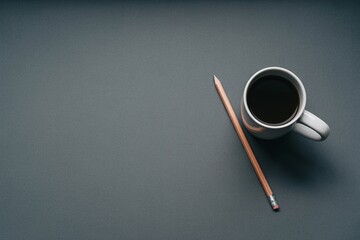 Workspace flat lay with coffee mug and pencil on gray background for blog post