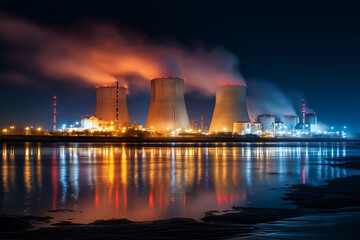 Time-lapse style image of night lights around nuclear power plant, long exposure effect