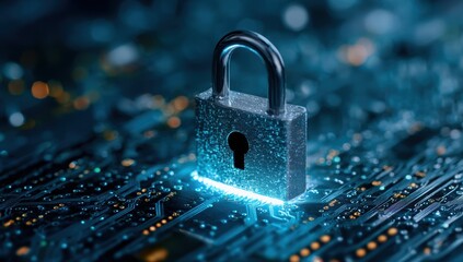 Lock icon symbolizes security and protection on glowing circuit board signifying digital data safety