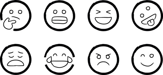 Eight black outline emoji emoticons set showing different expressions like thinking laughing crying