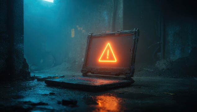 Warning sign displayed on laptop screen in a dystopian setting indicating a system failure or security breach in a cyberpunk style