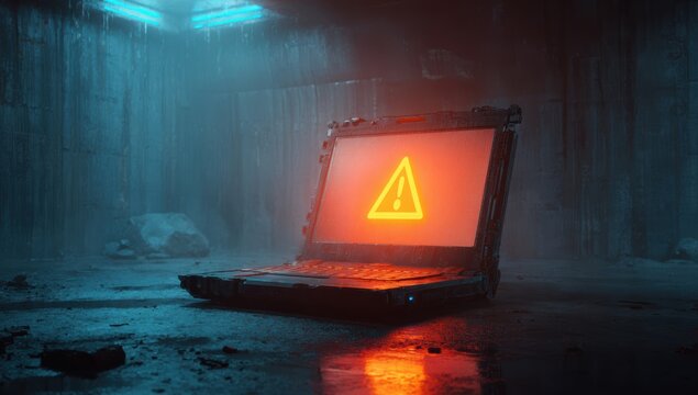 Laptop displays an alert warning sign against a futuristic and gritty background signaling a critical error or cybersecurity threat