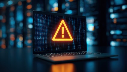 Laptop displays a warning sign with a binary code background indicating a cybersecurity alert or potential security vulnerability