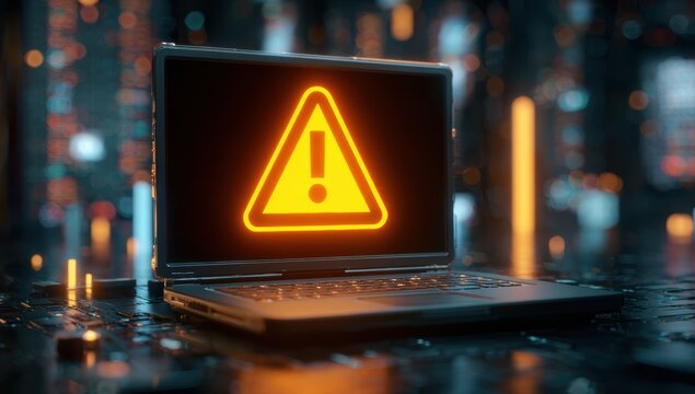 Glowing warning sign displayed on a laptop screen signifying error system failure or online threat