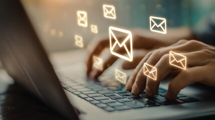 Typing on laptop keyboard surrounded by glowing email icons conveys connectivity and modern communication
